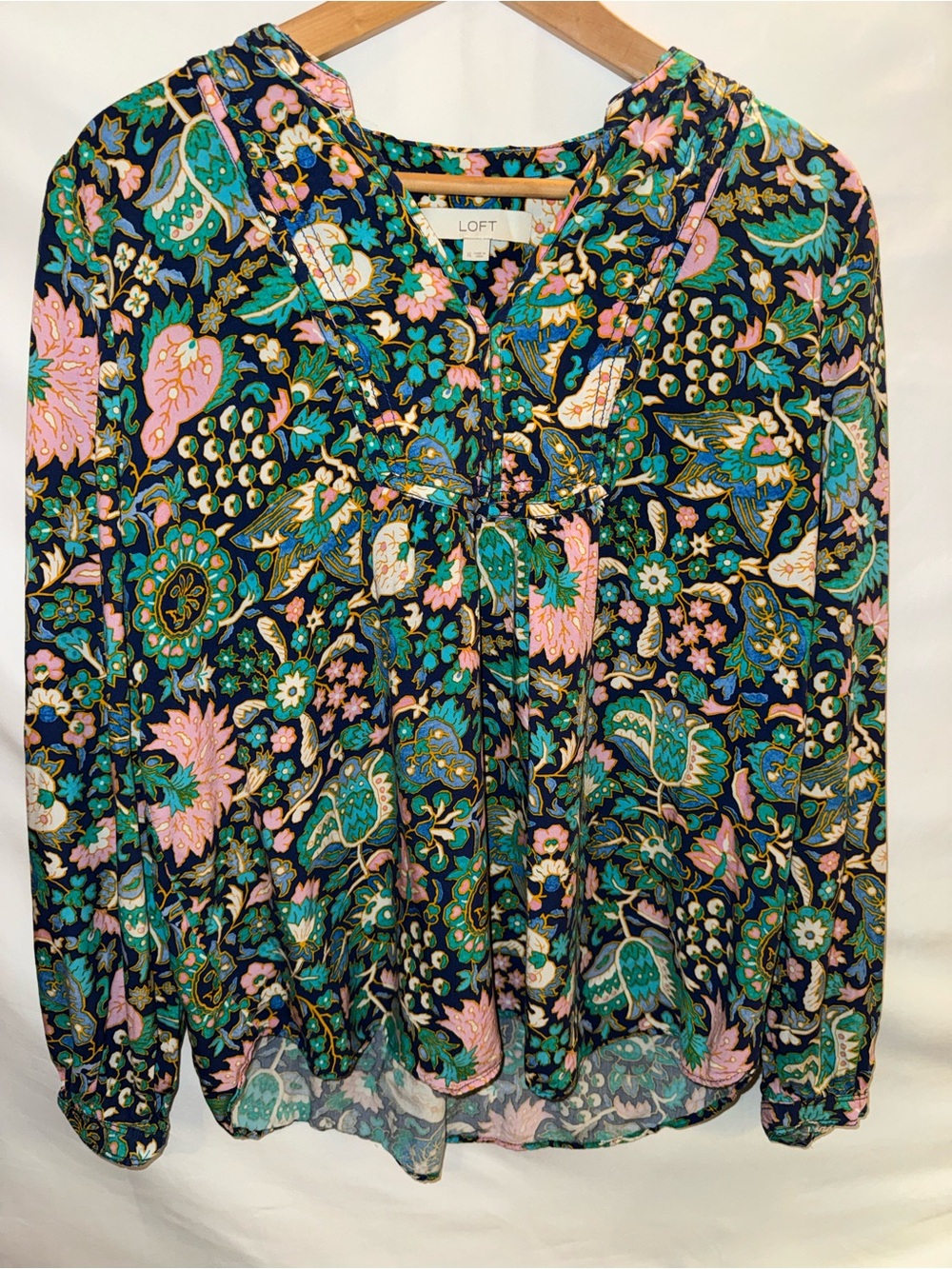 LOFT Floral V-Neck Long-Sleeve Blouse in Navy, Pink and Teal